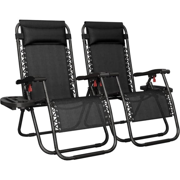 Zero Gravity Recliner Chair, Adjustable Folding Lounge Chair with Pillows, Cup Holder Trays, Carry Strap for Patio Backyard Beach Camping, Portable Comfort, Set of 2, Black