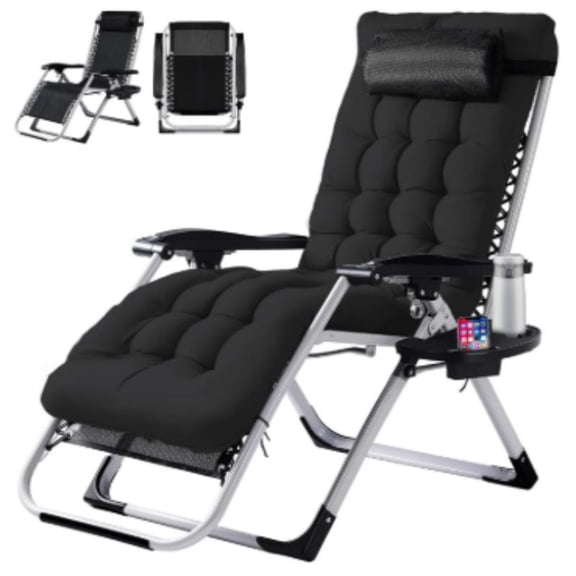 Zero Gravity Recliner with Foldable Headrests | Recliner with Cup Holder Tray and Detachable Cushion, Indoor/Outdoor Use, Black/Gray - EDX Brand