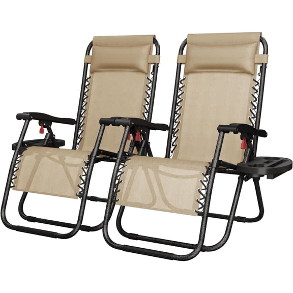 Zero Gravity Recliners Outdoor Set of 2, Adjustable Folding Lounge Chairs with Pillows, Cup Holder Trays and Carry Strap for Patio, Backyard, Pool, Beach, Beige