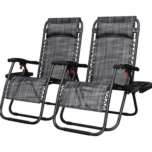 Zero Gravity Recliners Outdoor Set of 2, Folding Reclining Lounge Chairs with Pillows, Cup Holder Trays, Carry Strap for Patio, Backyard, Pool, Beach, Gray