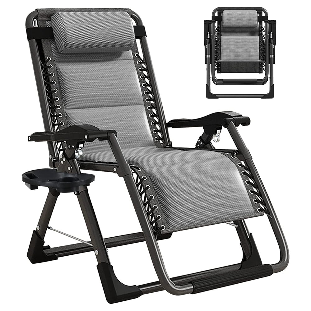 Zero Gravity Patio Chair, Premium Folding Recliner with Built in Cushion, Headrest and Tray, Sturdy Design for Garden Lawn Camping Relaxation, Gray