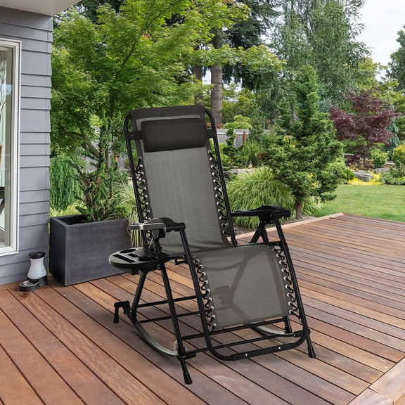 Zero Gravity Reclining Lounge Chair with Movable Pillow & Detachable Tray, Foldable Patio Chair with Adjustable Backrest, Bungee Support System, 265 lbs Capacity, Gray