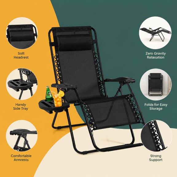 Zero Gravity Reclining Lounge Chair, folding steel frame, with utility tray, black