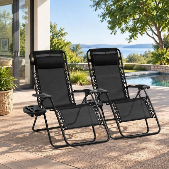 Zero Gravity Reclining Lounge Chair, folding steel frame, with utility tray, black