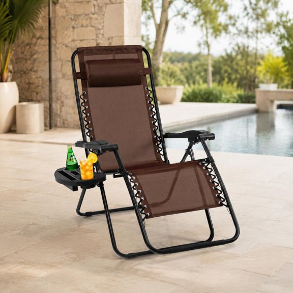 Zero Gravity Reclining Lounge Chair, folding steel frame, with utility tray, brown