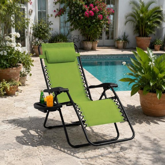 Zero Gravity Reclining Lounge Chair, steel tube frame, removable headrest, cup holder, magazine holder
