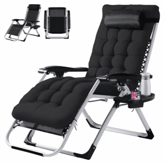 Zero Gravity Reclining Lounge Chair with Removable Cushion, Cup Holder Tray and Adjustable Headrest Pillow for Patio, Lawn, Beach, Camping, Black