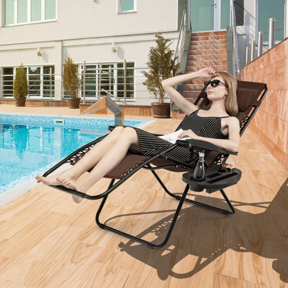 Zero Gravity Reclining Lounge Chair with Utility Tray, Folding Steel Frame, Brown