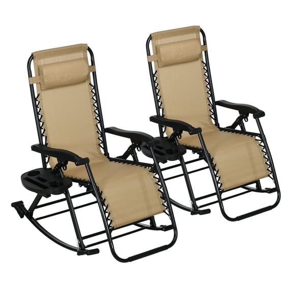 Zero Gravity Rocking Chairs Set of 2, Outdoor Recliner with Pillow & Cup Holder, Foldable Lounge Chair for Patio, Camping, Beige