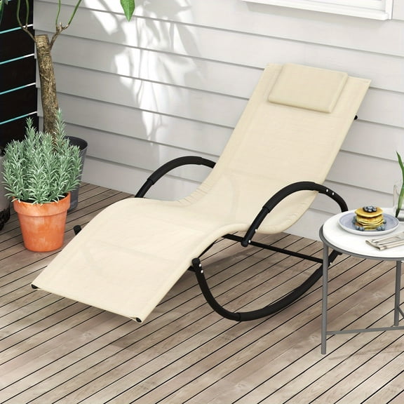 Zero Gravity Rocking Patio Chair with Breathable Mesh Backrest, Removable Headrest, and Padded Armrests for Outdoor Relaxation in Beige and Grey Color Options