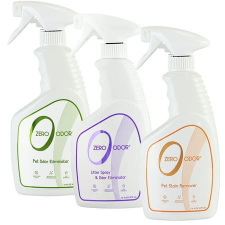 Zero Odor Pet Odor Eliminator Spray Kit with Litter Box Deodorizer and Stain Remover Set of 3