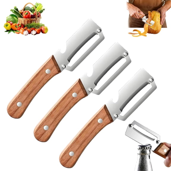 Zero Snag Wooden Kitchen Tool – 2-in-1 Stainless Steel Peeler with Bottle Opener, Multifunctional Fruit and Vegetable Peeler