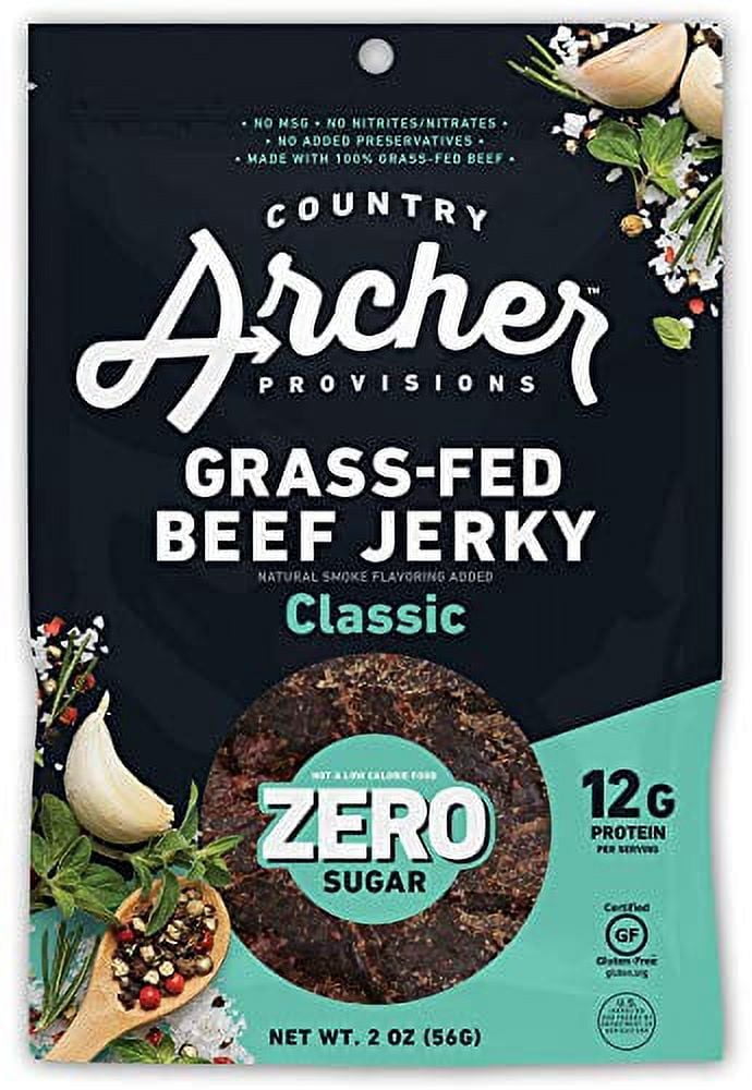 Zero Sugar Classic Beef Jerky by Country Archer | 100% Grass-fed, Sugar-free Beef Jerky | Keto, Low Carb, Protein Snacks | 2 Ounce (6 Pack)
