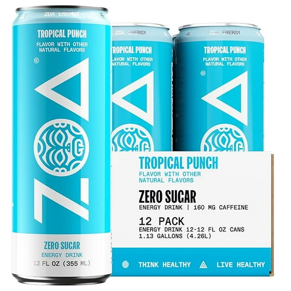 Zero Sugar Energy Drinks, Tropical Punch - Sugar Free with Electrolytes, Healthy Vitamin C, Amino Acids, Essential B-Vitamins, and Caffeine from Green Tea - 12 Fl Oz (12-Pack)