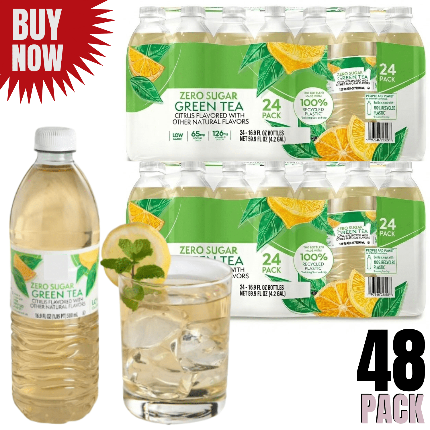 Zero Sugar Green Tea with Citrus Flavor – 16.9 fl oz Bottles (48 Pack)