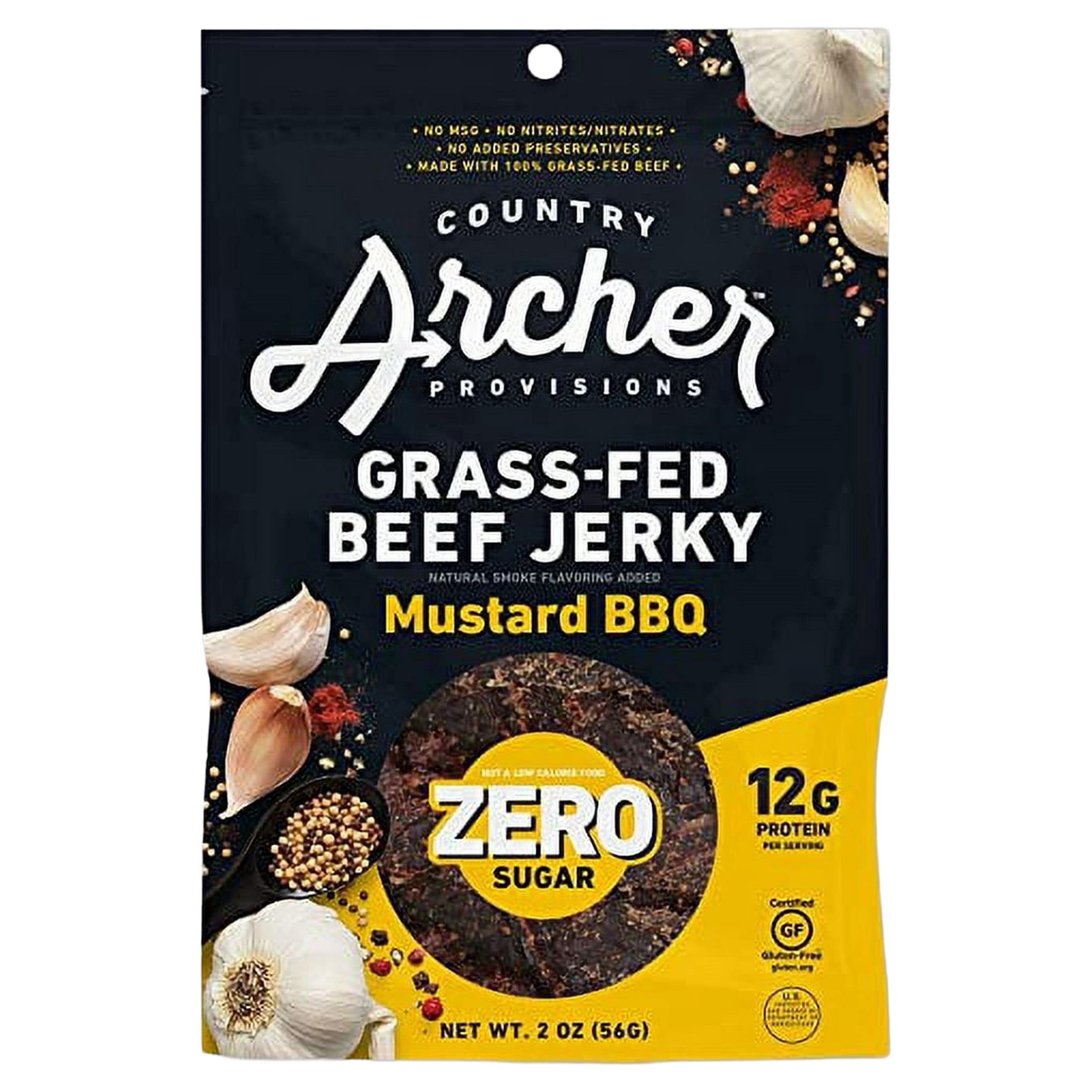 Zero Sugar Mustard BBQ Beef Jerky by Country Archer | 100% Grass-fed, Sugar-free Beef Jerky | Keto, Low Carb, Protein Snacks | 2 Ounce (6 Pack)