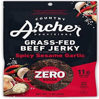 Zero Sugar Spicy Sesame Garlic Beef Jerky by Country Archer | 100% Grass-fed, Sugar-free Beef Jerky | Keto, Low Carb, Protein Snacks | 2 Ounce (6 Pack)