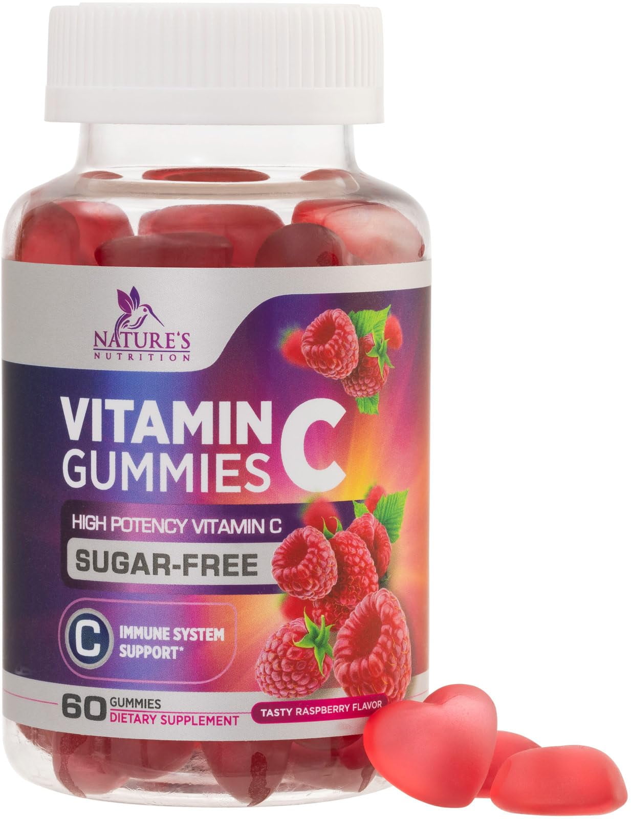 Zero Sugar Vitamin C Gummies - Immune Support \u0026 Antioxidant VitaminC Dietary Supplement - Vegan, Non-GMO, Dairy \u0026 Gluten Free C Vitamin Gummy - Raspberry Flavor for Kids \u0026 Adults - 60 Count Gummies