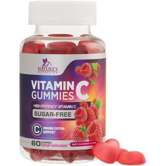 Vitamin C Gummies - 100% of Daily Vitamin C & Sugar Free - Immune Support with Powerful Antioxidants - Nature's Vegan VitaminC Dietary Supplement - Raspberry Flavor for Kids & Adults - 60 Gummies