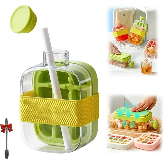 Zero Touch Press Ice Cube Mold, 2 in 1 Touch-free Ice Cube Tray Water Bottle with Straw, Easy Press to Release Cool Summer Ice Bottle Cup for Coffee, Juice and Beverages (green, 500ml)