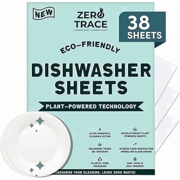 Zero Trace Dishwasher Detergent Eco-Friendly Sheets for Dish Washing - Plant Powered Technology - More Efficient than Dishwasher Pods or Tablets (38 Sheets)
