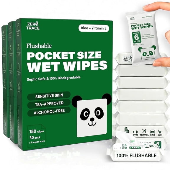 Zero Trace Flushable Travel Wipes Pocket Size Personal Cleansing Wipes with Aloe Alcohol-Free & Hypoallergenic Safe for Sensitive Skin Biodegradable 180 Count (30 Packs of 6)