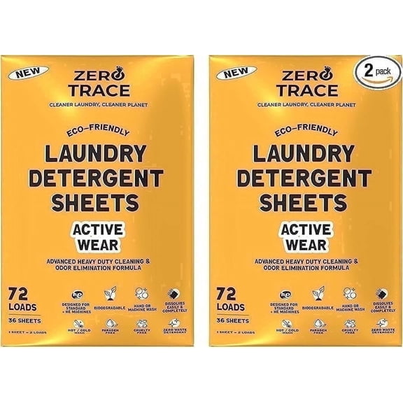 Zero Trace Laundry Detergent Sheets - Adult, Eco-Friendly & Plastic-Free Laundry Solution with Fresh Activewear Scent, 72 Count (Pack of 2), 144 Loads