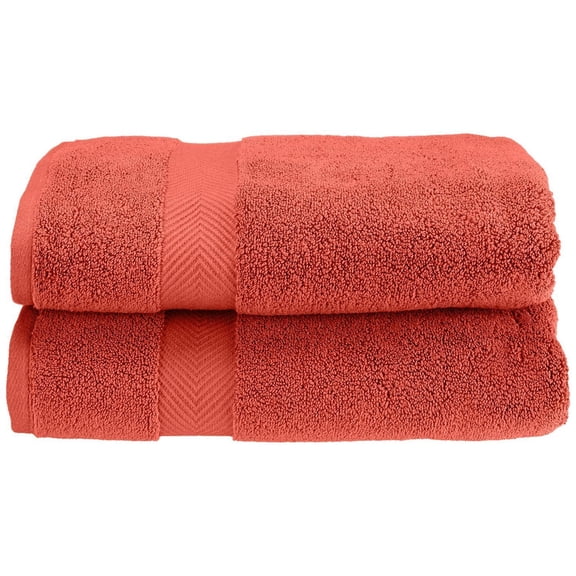 Zero Twist 575 GSM 100% Combed Cotton Chevron Border 2-Piece Bath Towel Set Coral