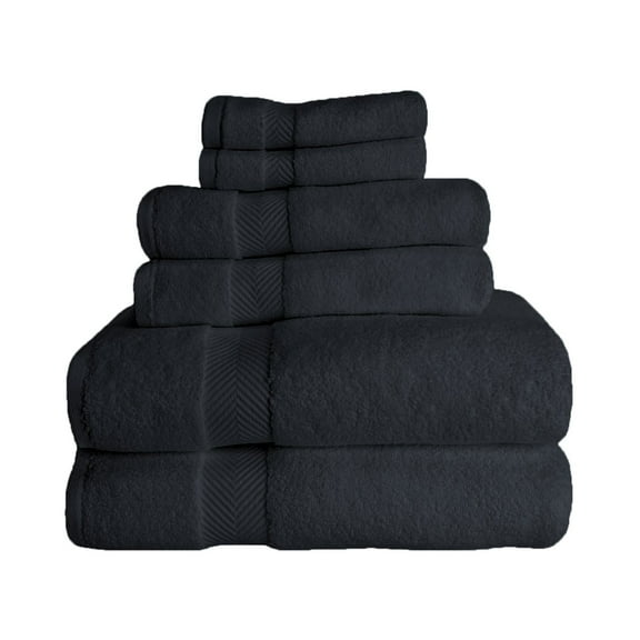 Zero Twist 575 GSM 100% Combed Cotton Chevron Border 6-Piece Towel Set, 2 Bath, 2 Hand, 2 Face Black