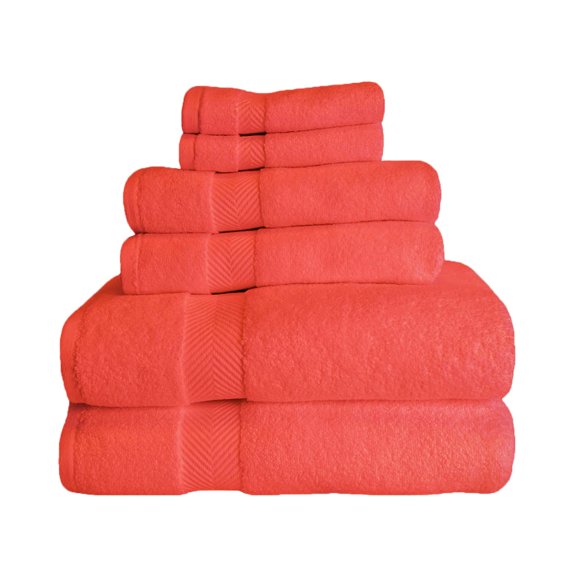 Zero Twist 575 GSM 100% Combed Cotton Chevron Border 6-Piece Towel Set, 2 Bath, 2 Hand, 2 Face Coral