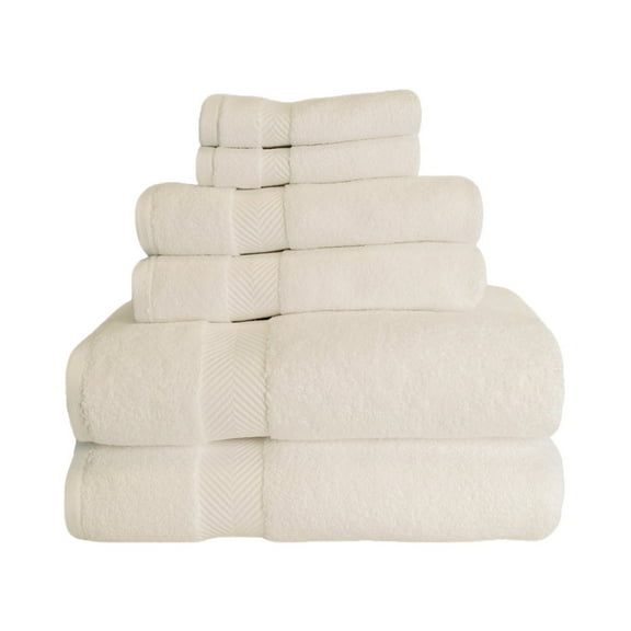 Zero Twist 575 GSM 100% Combed Cotton Chevron Border 6-Piece Towel Set, 2 Bath, 2 Hand, 2 Face Ivory