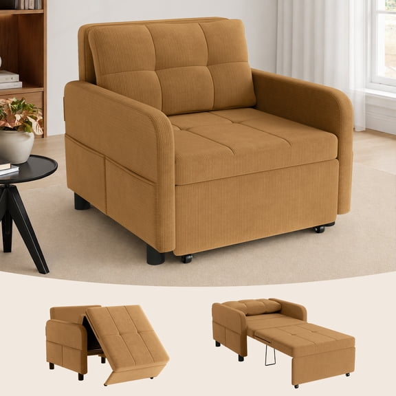 Zero Wall Clearance Sleeper Sofa, 75.6" Extra Long Convertible Armchair Bed with Deep Seat, 2-Step Easy Transformation Single Sofa for Small Spaces, Brown