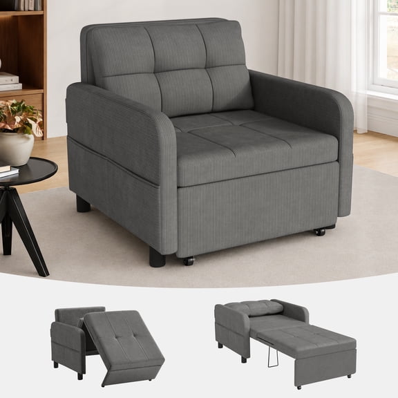 Zero Wall Clearance Sleeper Sofa, 75.6" Extra Long Convertible Armchair Bed with Deep Seat, 2-Step Easy Transformation Single Sofa for Small Spaces, Gray
