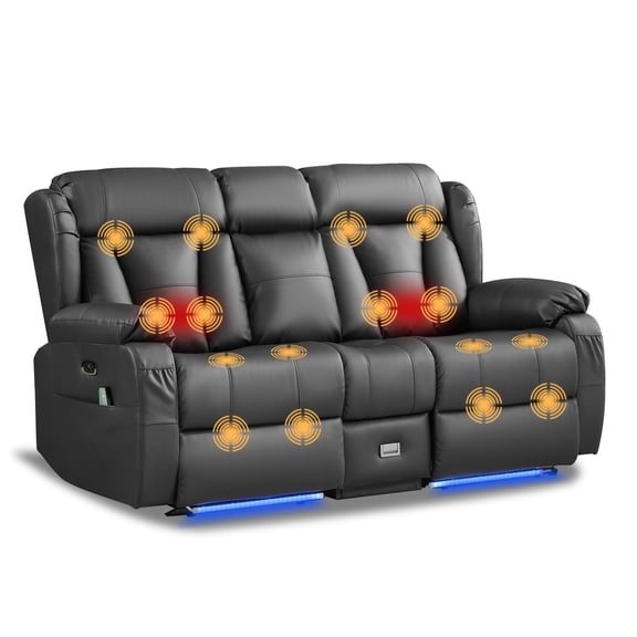 Zero Wall Power Loveseat Recliner Sofa with Console, 2Seater Reclining Couch with Massage, Lumbar Heating, LED Lights, USB and Cup Holders for Living Room Home Theater, Black