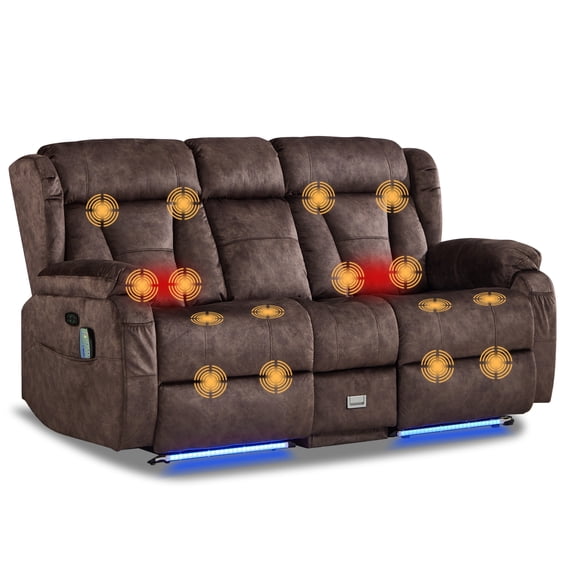 Zero Wall Power Loveseat Recliner Sofa with Console, 2Seater Electric Reclining Couch with Massage, Lumbar Heating, LED Lights, USB and Cup Holders for Living Room Home Theater, Velvet-Brown`