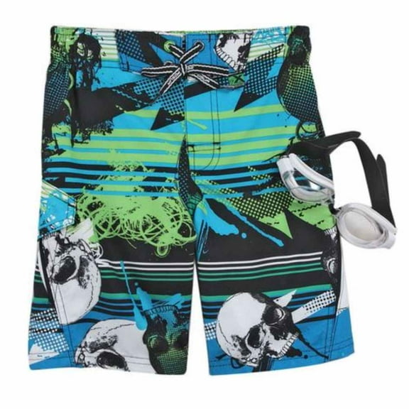 Zero Xposur Boys Blue & Green Skull Swim Trunks Board Shorts & Goggles Set 4