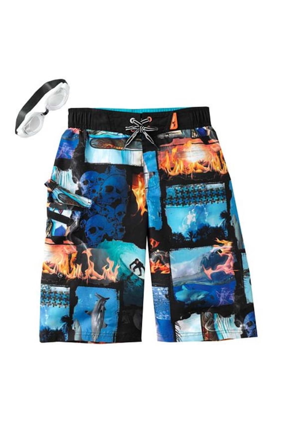 Zero Xposur Boys Surfs Up Board Shorts Graphic Swim Trunks & Goggles Set 4