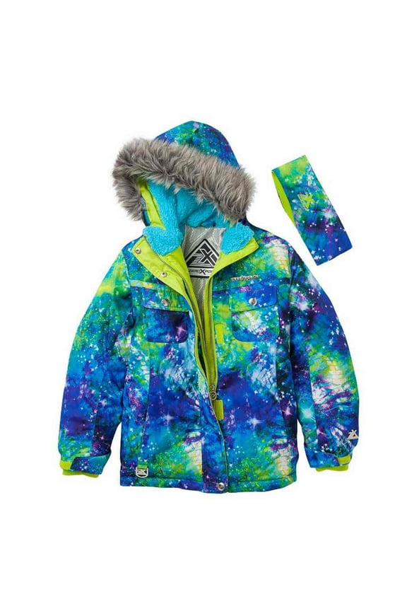 Zero Xposur Girls Green Blue Cosmic Coat Puffer Snowboard Jacket Headband 4