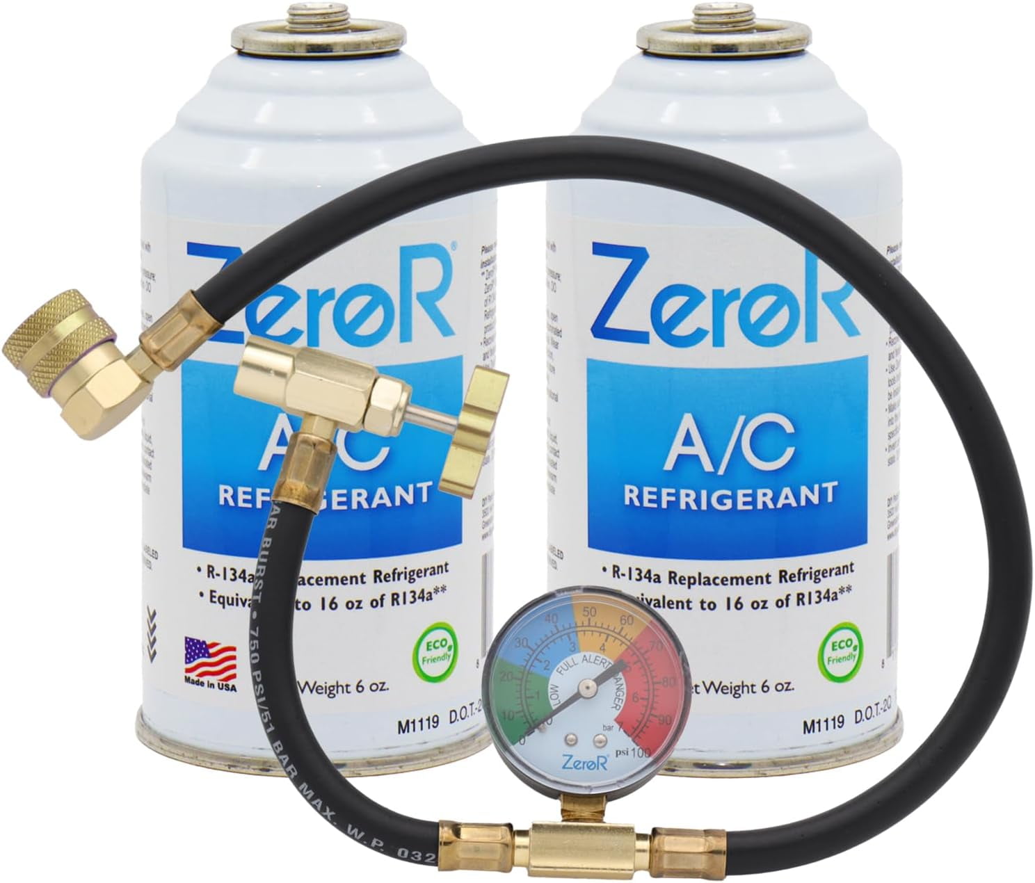 ZeroR AC Refrigerant | R134a Replacement | 2 6oz Cans for AC Recharging + 24" HD Can Tap Gauge