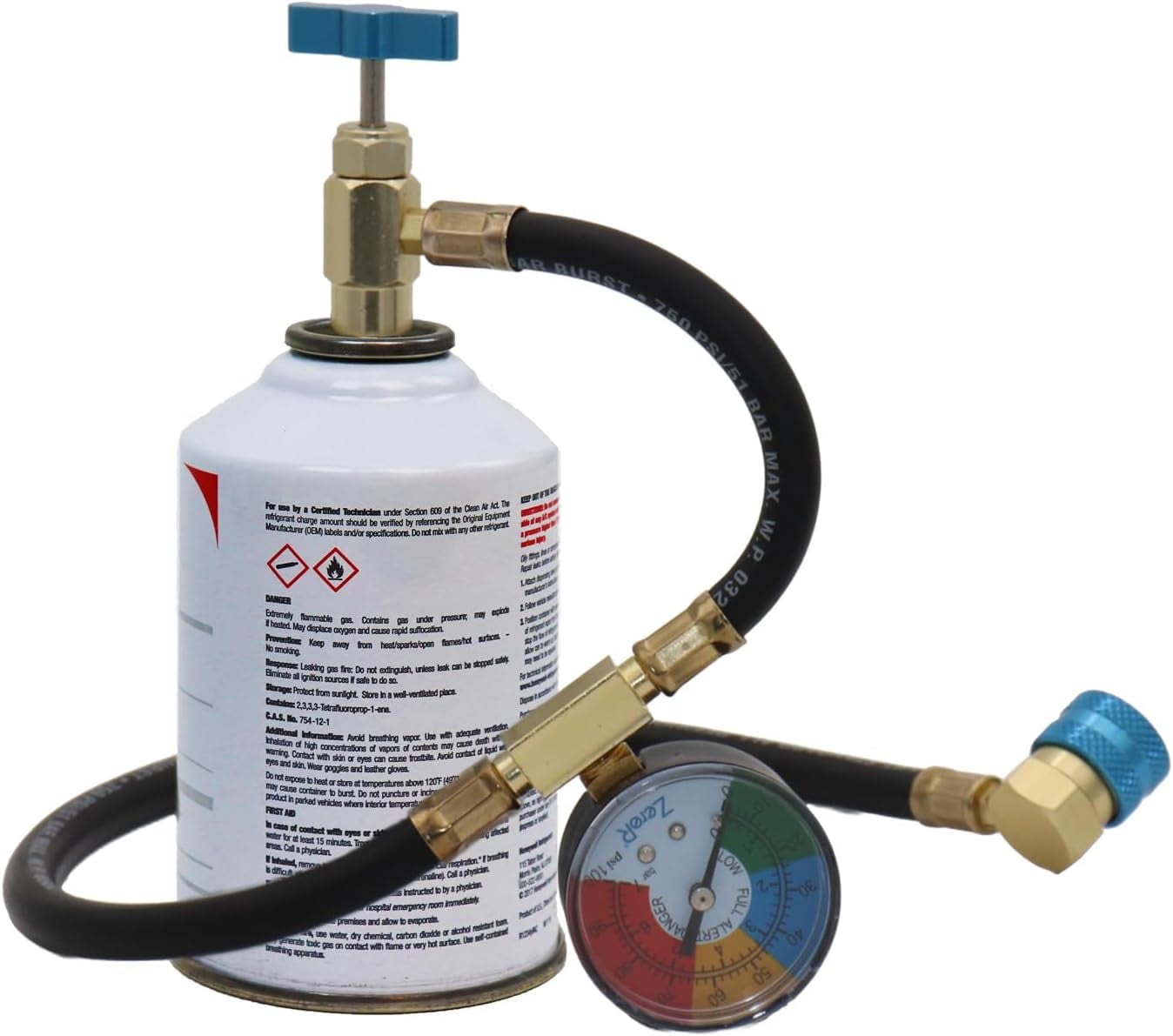 ZeroR R1234YF Refrigerant Recharge Kit | 24" HD Can Tap Gauge | 8oz R1234YF (1 Can)