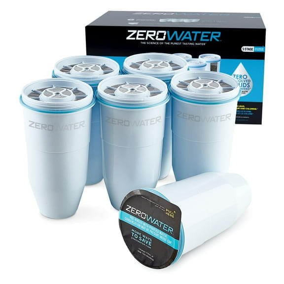 ZeroWater Official Replacement Filter - 5-Stage 0 TDS Filter Replacement - System IAPMO Certified to Reduce Lead, Chromium, and PFOA/PFOS, 6-Pack, White