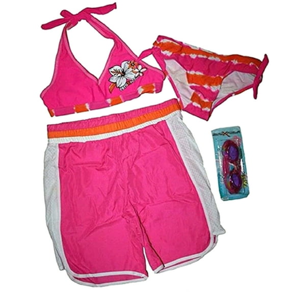 ZeroXposur Big Girl's 4 Piece Hot Pink Swimsuit with Goggles (Small - 7)