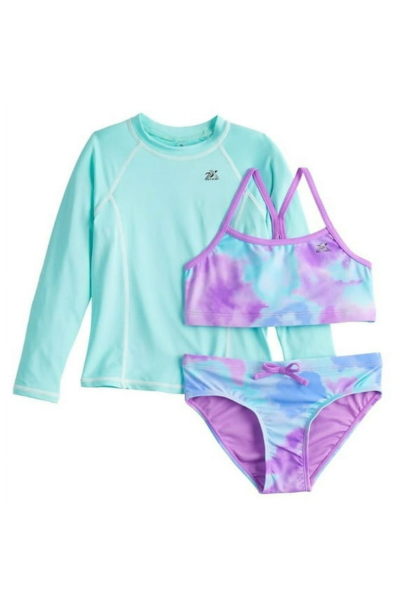 Bikini Top, Bottoms & Long Sleeve Rashguard Swimsuit Set, Girl's, Size: XX Small (4/5), Light Purple Iris