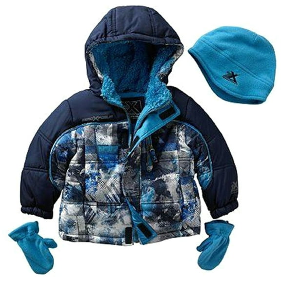 ZeroXposur Infant Baby Boy's Blue Abstract Puffer Jacket Coat w/Hat & Mittens (12 Months)