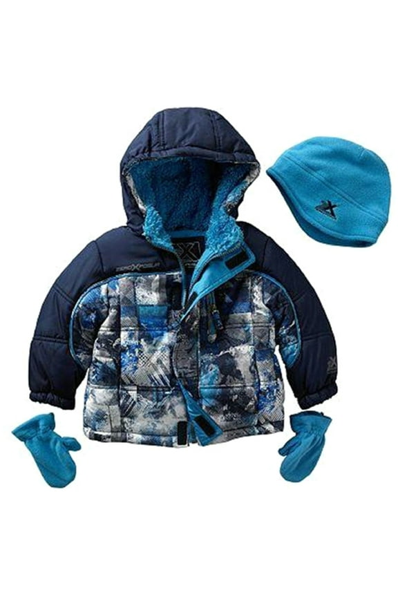 Infant Baby Boy's Blue Abstract Puffer Jacket Coat w/Hat & Mittens (12 Months)