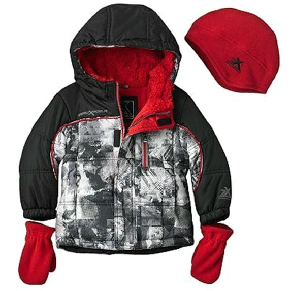 ZeroXposur Infant Baby Boy's Red Abstract Puffer Jacket Coat w/Hat & Mittens (12 Months)