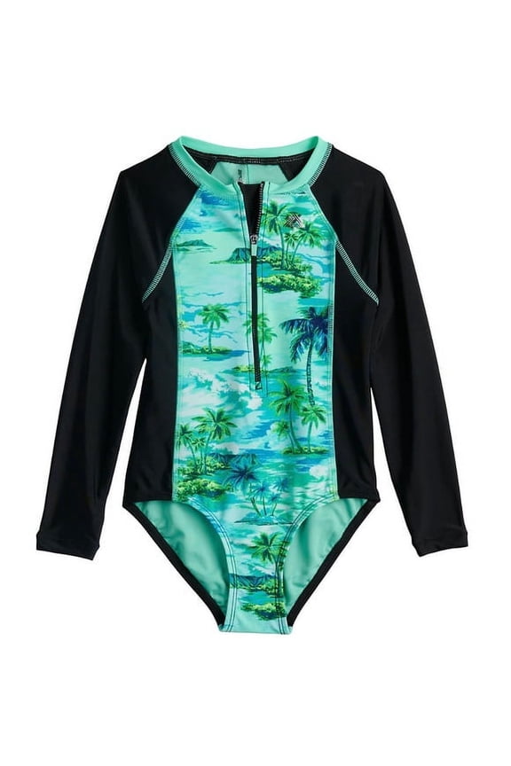 Long Sleeve One-Piece Swimsuit in Regular & Plus, Girl's, Size: XX Small (4/5), Green
