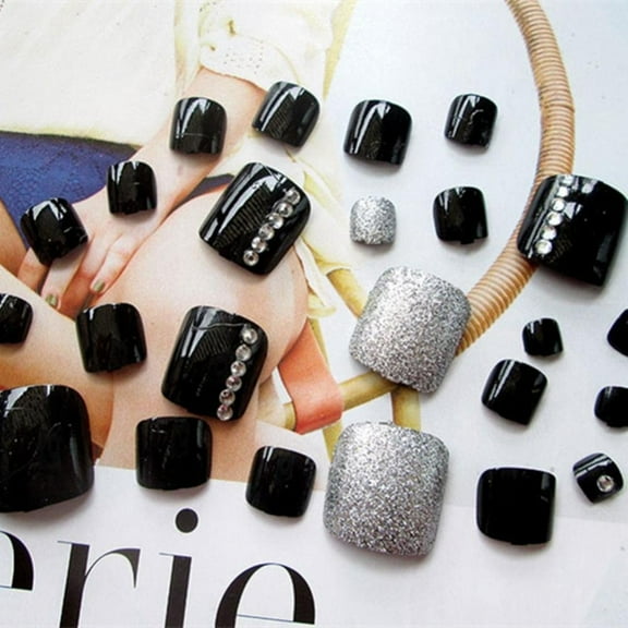 Zerodis 24Pcs Toe Nails, Nail Art Decoration Pure Black Glitter Rhinestone Decoration
