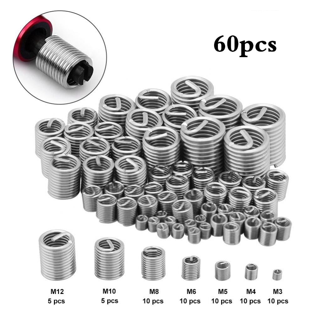 Zerodis Thread Repair Kit,60pcs Stainless Steel Thread Repair Kit M3 M4 M5 M6 M8 M10 M12 Wire Screw Sleeve, Thread Repair insert