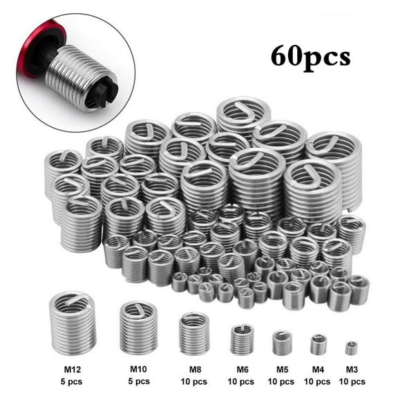 Zerodis Thread Repair Kit,60pcs Stainless Steel Thread Repair Kit M3 M4 M5 M6 M8 M10 M12 Wire Screw Sleeve, Thread Repair insert